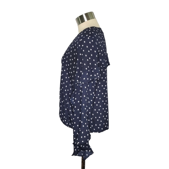 Max Studio blue star print ruffle sleeve crepe surplice blouse- size S - Picture 3 of 10